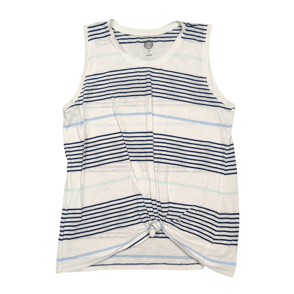 SO Tank Top Womens XS Front Knot Relaxed Striped White Blue Sleeveless Tee